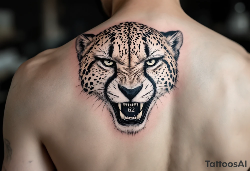 angry cheetah with the number 62 tattoo idea