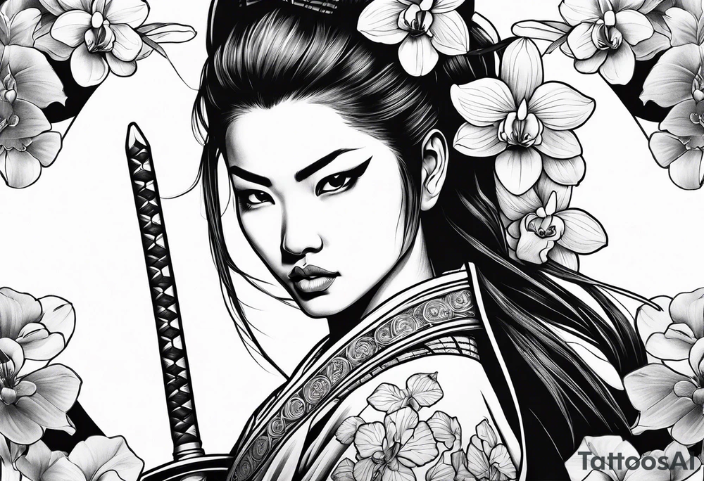 Female samurai with sword and orchids tattoo idea