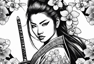 Female samurai with sword and orchids tattoo idea