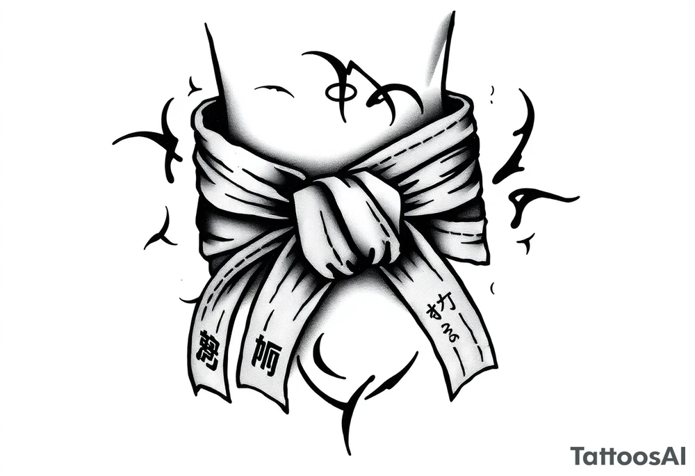 A realistic black and gray tattoo of a Brazilian Jiu-Jitsu black belt wrapping around the wrist like a bracelet. The belt is tied in a knot with one end showing the number 30 and the other showing 24. On the flat end of the belt, two Japanese kanji characters are inked in white: 成長 (growth) and 忍耐 (perseverance). The belt has subtle stitch marks and worn, textured shading for a slightly distressed, authentic look. tattoo idea