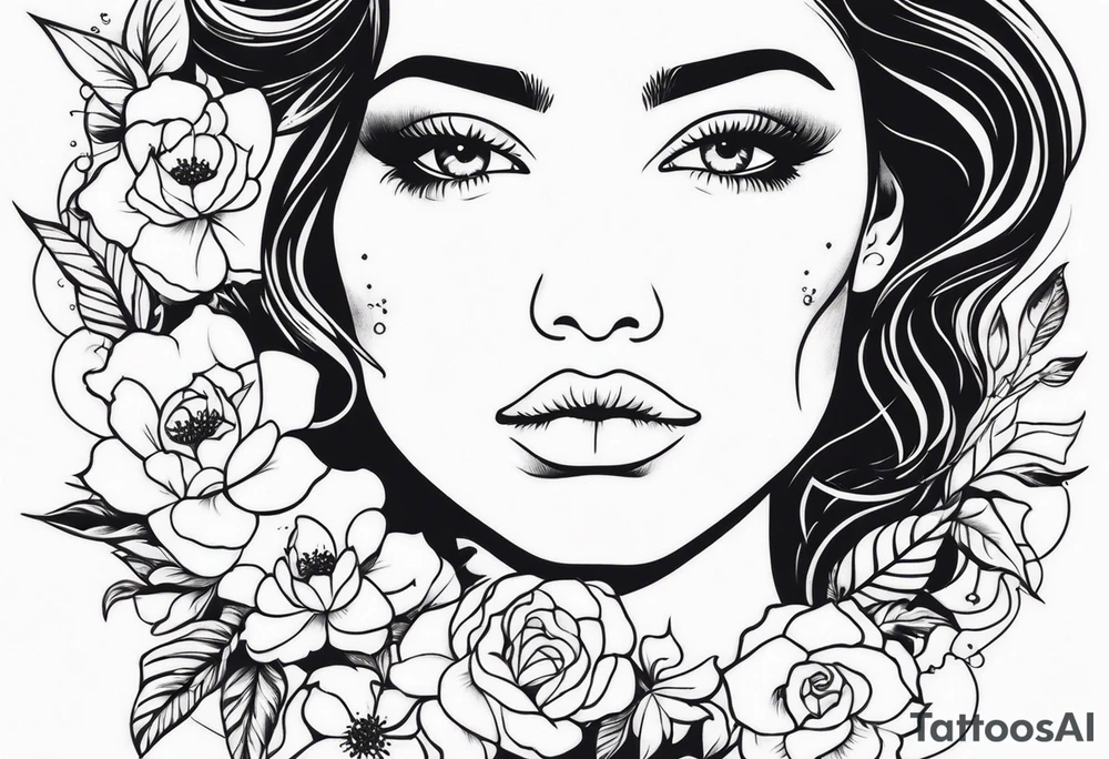 Powerful women’s face with flowers around tattoo idea