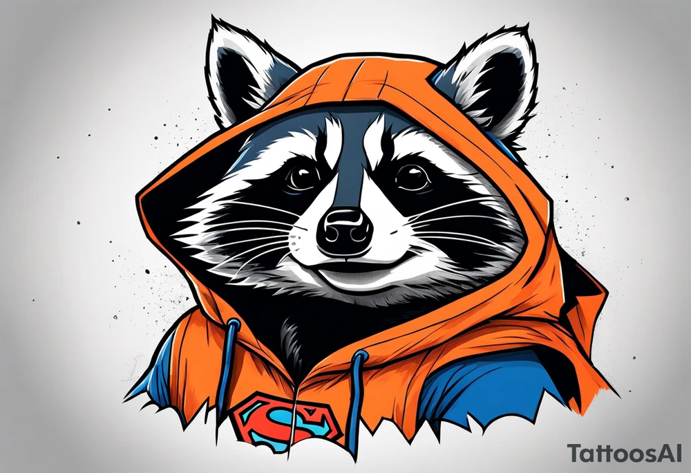 Raccoon wearing an orange Superman hoodie tattoo idea