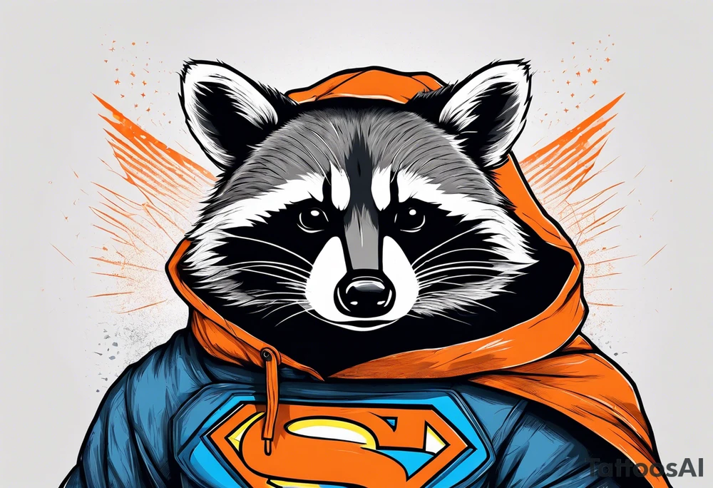 Raccoon wearing an orange Superman hoodie tattoo idea