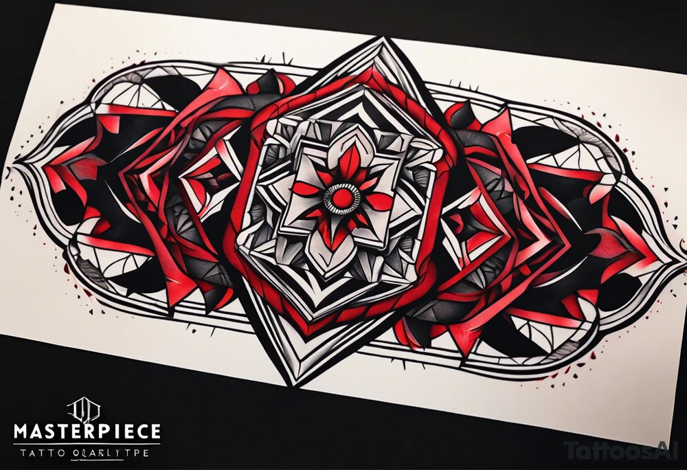 semi Detailed neo traditional knee tattoo on paper. The tattoo features geometric patterns and bold lines, creating a visually striking design with slight tints of deep red. tattoo idea