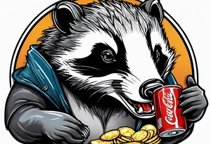 Angry badger with mouth open with soda can and chips in hands tattoo idea