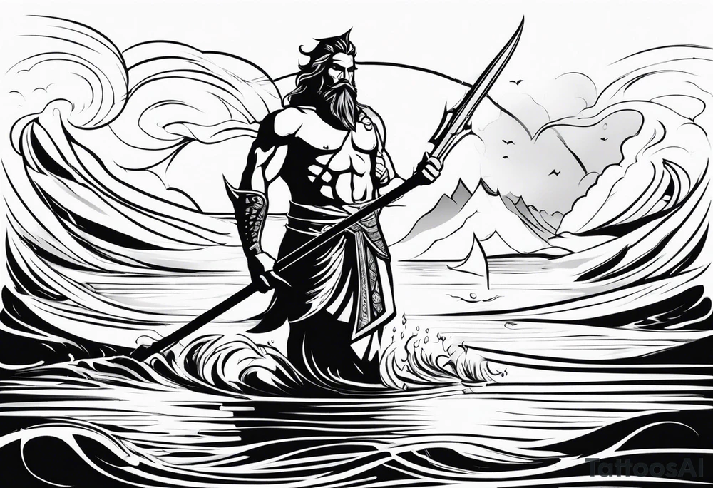 posseidon with his trident in the water tattoo idea