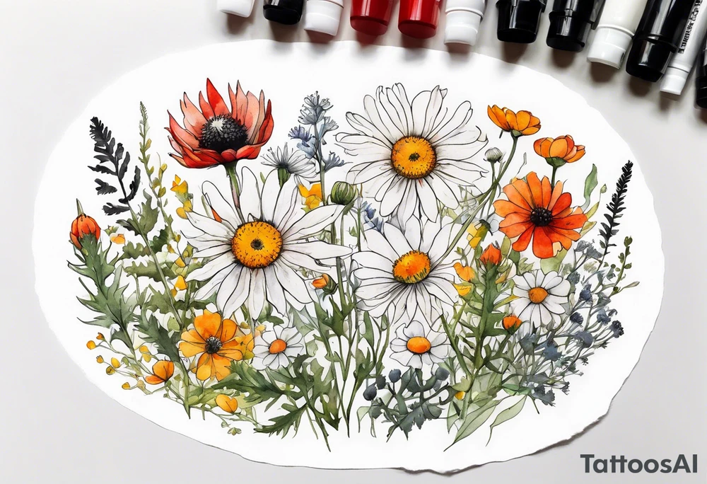 an oval of wildflowers cascading with thistles, ferns, white anemones, sun flowers, red flowers, black flowers, buttercups, orange flowers, babys breath and daisies all in watercolor tattoo idea