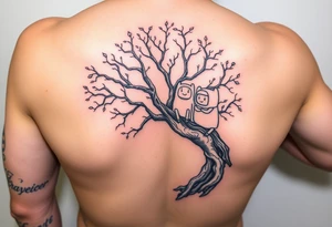 tree wrapped around forearm with adventure time characters on the tree in color tattoo idea