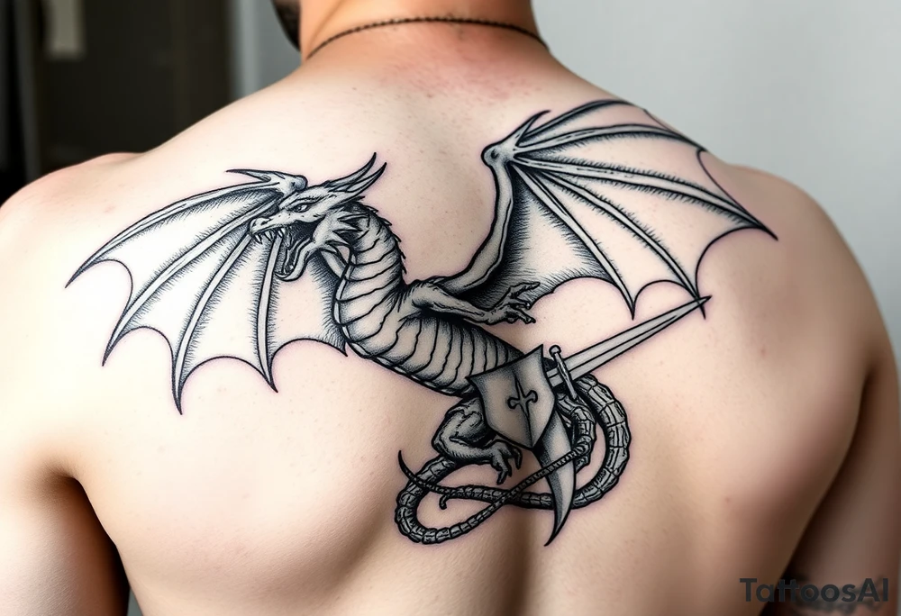 Powerful winged dragon fighting a knight tattoo idea