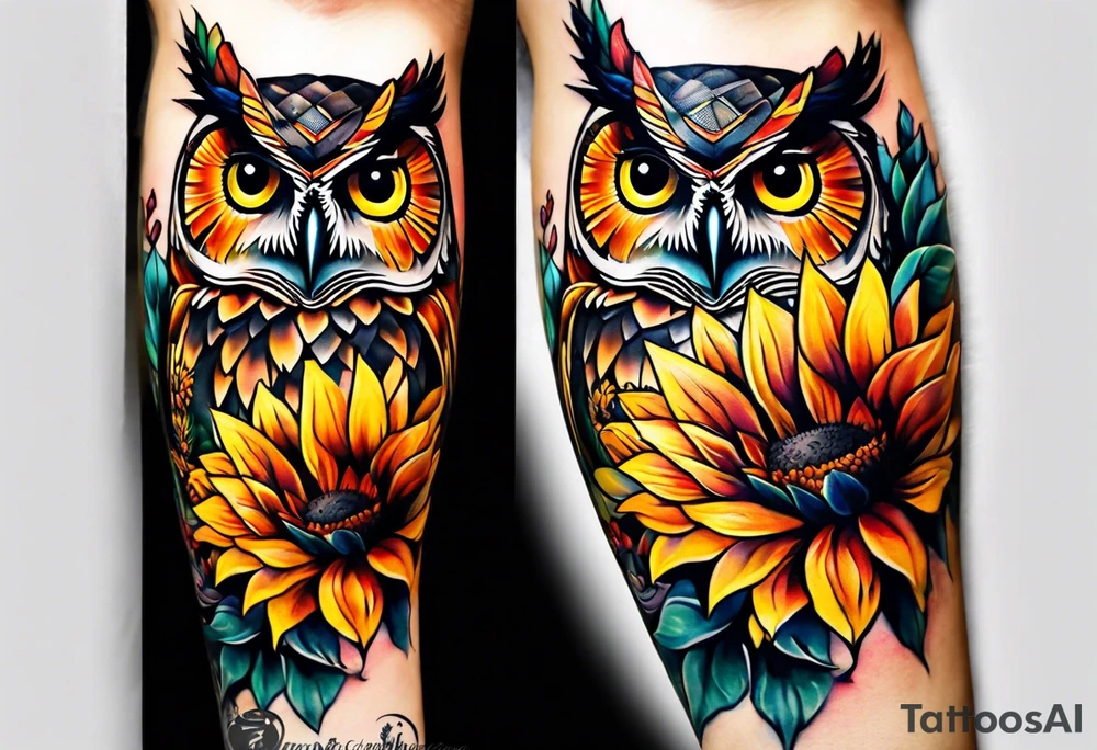 Leg sleeve with colorful sunflowers and an owl tattoo idea