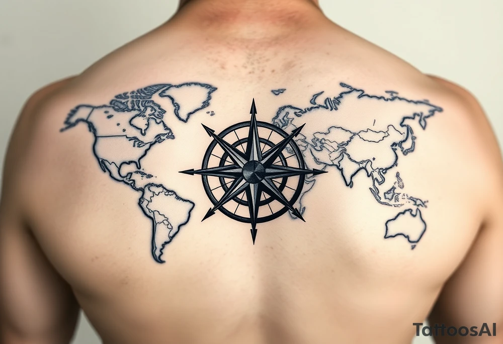 antique compass rose overlaid on weathered world map tattoo idea