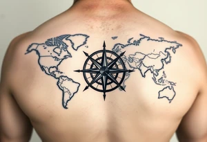 antique compass rose overlaid on weathered world map tattoo idea