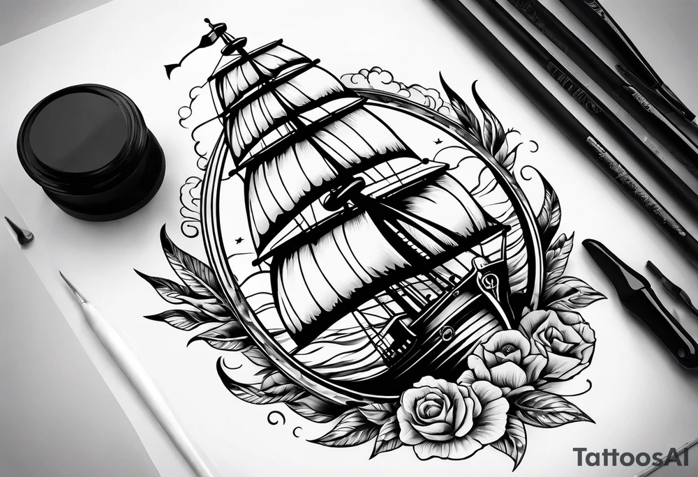 Combined tattoo with various nautical elements like anchor, compass and other nautical and ship elements tattoo idea