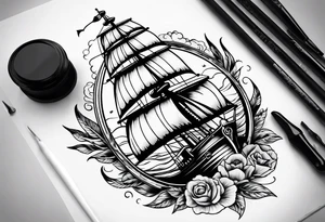 Combined tattoo with various nautical elements like anchor, compass and other nautical and ship elements tattoo idea