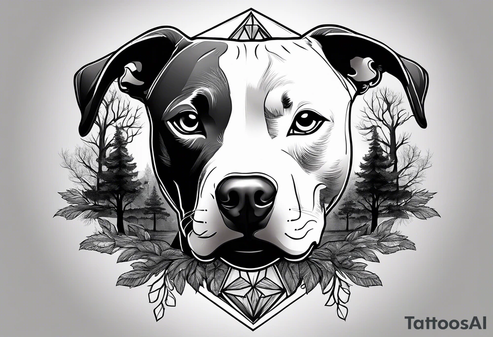 create a tattoo of a pitbull dog with trees in the background and a diamond border. tattoo idea