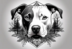 create a tattoo of a pitbull dog with trees in the background and a diamond border. tattoo idea