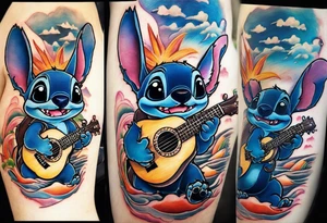 Stitch tattoo on arm under shoulder that is the version of stitch where he’s dressed up like Elvis playing a ukulele on a beach tattoo idea