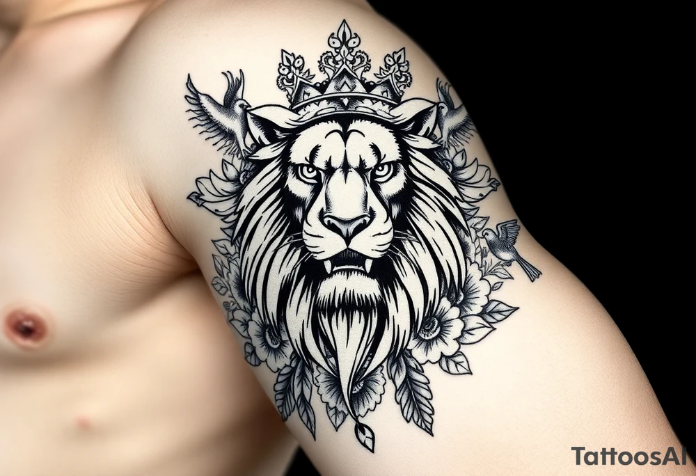 powerful majestic lion with a crown, surrounded by floral ornaments and birds tattoo idea