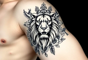 powerful majestic lion with a crown, surrounded by floral ornaments and birds tattoo idea