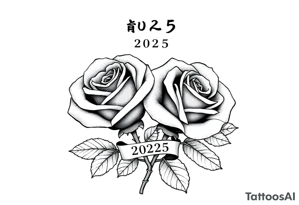 two beautiful rose buds, with many leaves and stems intertwined, representing two people in love. Include a small banner with "2025" on it.  The word "Rose" written in Kanji above the drawing. tattoo idea