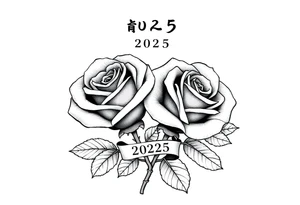 two beautiful rose buds, with many leaves and stems intertwined, representing two people in love. Include a small banner with "2025" on it.  The word "Rose" written in Kanji above the drawing. tattoo idea