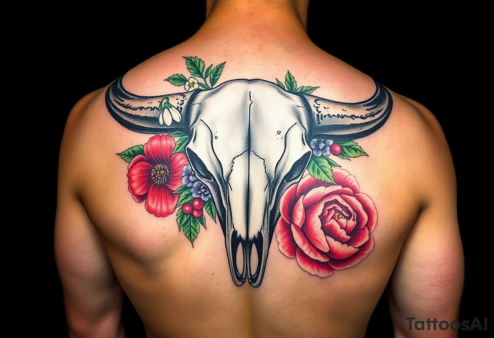 Buffalo or bison skull with flowers. Snow drop and red peony. Green holly with red berries, purple larkspur, red peony.  Colour. For upper arm or shoulder. Masculin. tattoo idea