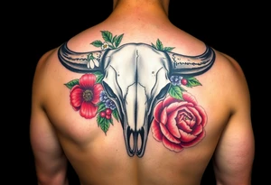Buffalo or bison skull with flowers. Snow drop and red peony. Green holly with red berries, purple larkspur, red peony.  Colour. For upper arm or shoulder. Masculin. tattoo idea