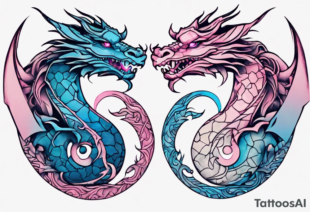 ying yang two dragon stones blue & pink tattoo idea