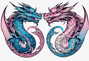 ying yang two dragon stones blue & pink tattoo idea