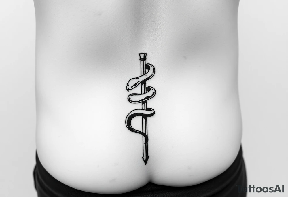 Snake tatto graphic on the hip. Positioned on the hip bone and lower closer to lady parts and leg. Snake symbolically wrapped over the pole (pole dance one). Minimalistic graphic style. Only snake and pole. Positioned horizontally, Pole vertically (not just Pole but a special pole for pole dance, but not to much details) tattoo idea