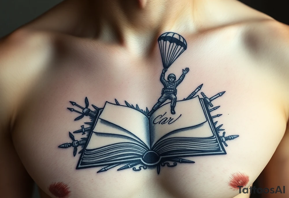 A parachuting soldier landing into an open book. Chaos surrounding, but the book is protecting the soldier from it. On the chest. Make the tattoo smaller. Make it thought provoking. Make the chaos in the environment be an eerie mist. Make the pages in the book be blank. Just one soldier, no other characters. the book is old. tattoo idea
