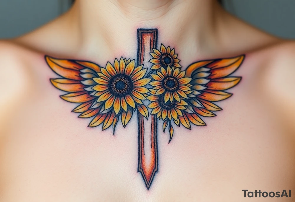 A rustic cross with sunflowers intertwined, with warm yellow and golden-brown angel wings. tattoo idea