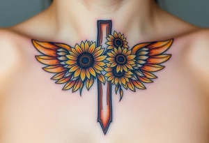 A rustic cross with sunflowers intertwined, with warm yellow and golden-brown angel wings. tattoo idea