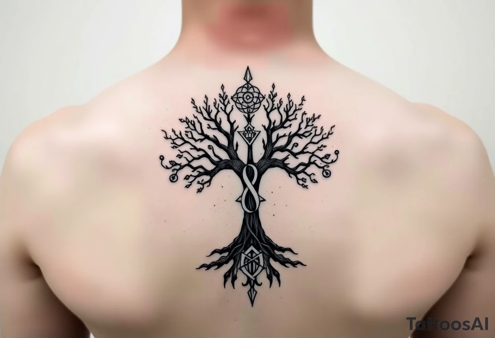 geometrical mystical tree of life with cosmic roots and celestial branches with HIV-positive symbol tattoo idea