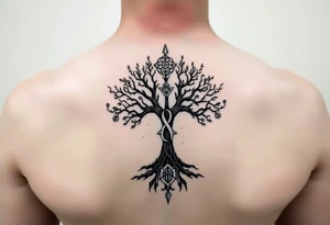 geometrical mystical tree of life with cosmic roots and celestial branches with HIV-positive symbol tattoo idea