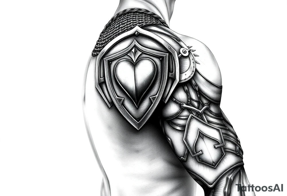 Chainmail and plate layered armor from top of trapezius to below elbow with an intricate plate armor piece with a heart on shoulder tattoo idea