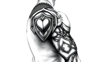 Chainmail and plate layered armor from top of trapezius to below elbow with an intricate plate armor piece with a heart on shoulder tattoo idea