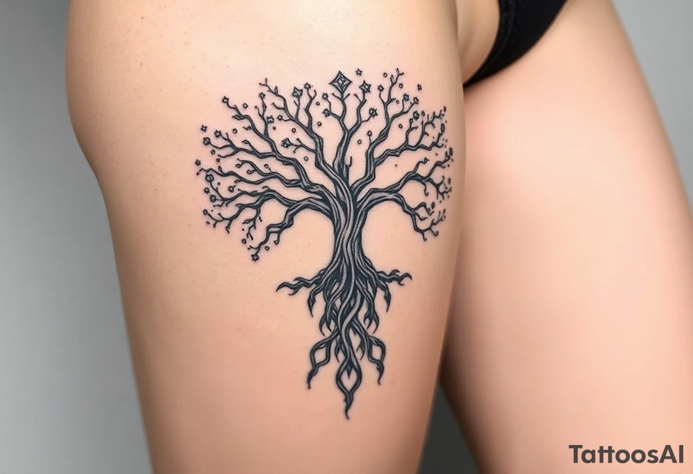 mystical tree of life with cosmic roots and celestial branches tattoo idea