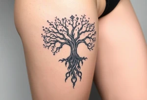 mystical tree of life with cosmic roots and celestial branches tattoo idea