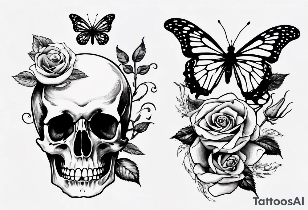Skeleton hand with roses at the bottom and a butterfly at the top tattoo idea