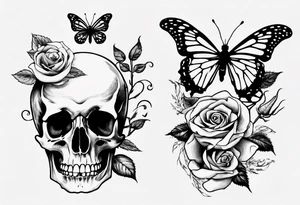 Skeleton hand with roses at the bottom and a butterfly at the top tattoo idea