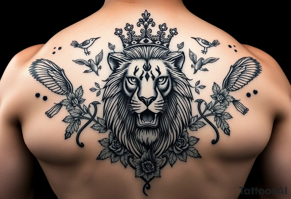 powerful majestic lion with a crown, surrounded by floral ornaments and birds tattoo idea