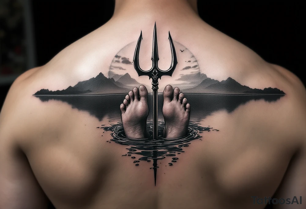 barefeet behind trident half way under water and sunset tattoo idea