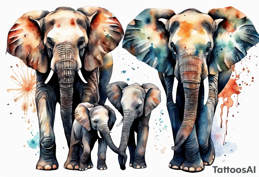 family of elephants including a mom and dad, 4 children, one of which is deceased. tattoo idea