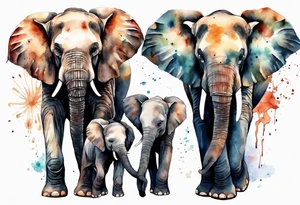 family of elephants including a mom and dad, 4 children, one of which is deceased. tattoo idea