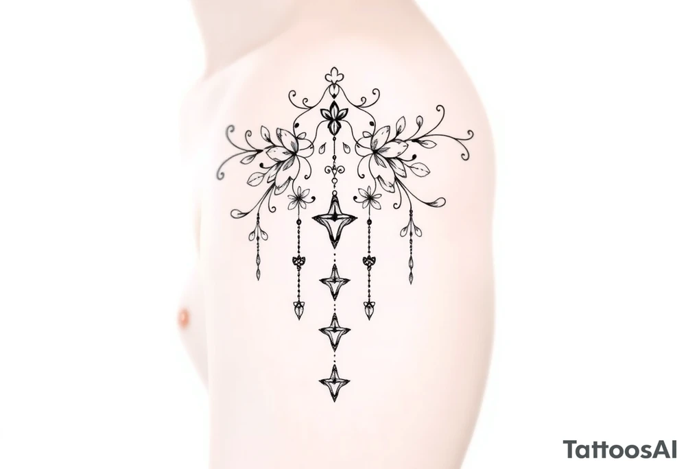 Vintage floral lace and delicate jewelry inspired with swooping draping chains like a chandelier and 5 pointed crystal star charms. Make it cover the entire upper arm/shoulder please tattoo idea