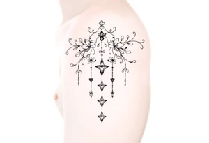 Vintage floral lace and delicate jewelry inspired with swooping draping chains like a chandelier and 5 pointed crystal star charms. Make it cover the entire upper arm/shoulder please tattoo idea