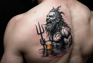 laughing poseidon in calm water, holding a trident, holding a beer tattoo idea