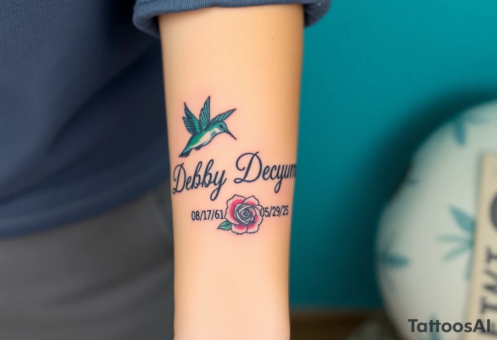 Cursive name Debby Deguzman surrounded by a hummingbird a rose and these dates 08/17/61 - 05/29/25 tattoo idea