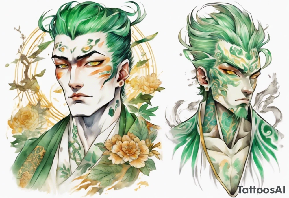 A tall beautiful man with pale green skin and long of green and gold and auburn and silver with amber eyes tattoo idea